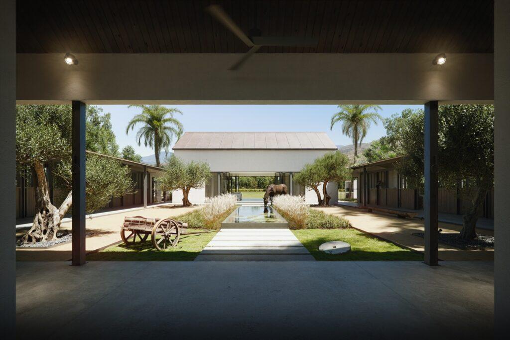 A modern equestrian courtyard in Sotogrande with a horse drinking from a reflecting pool, surrounded by stables, olive trees, and palm trees.